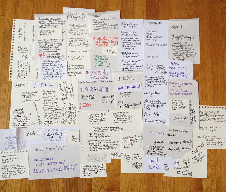 photograph from above of handwritten pages of text messages