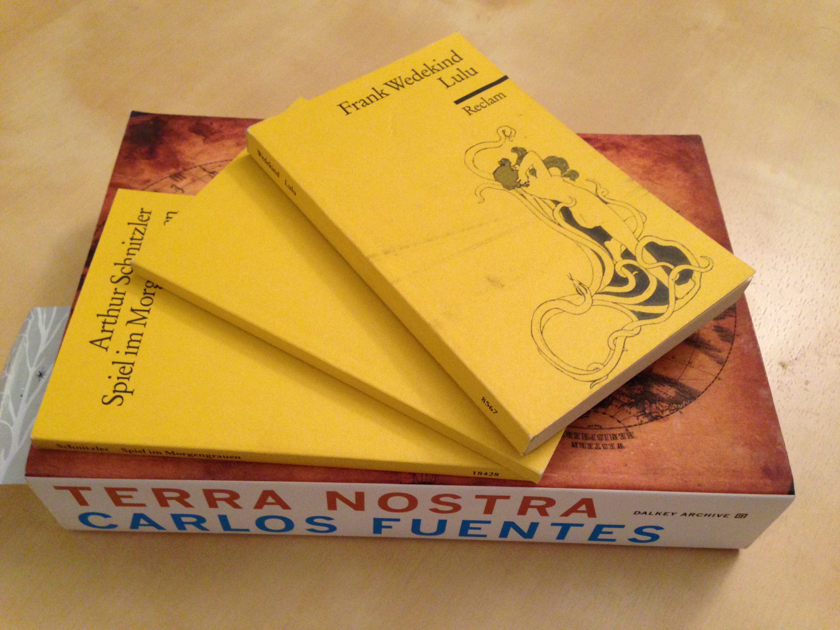Photo of 3 pocket sized books in German laid out in an arc on top of a large book called Terra Nostra by Carlos Fuentes
