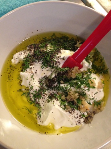 Mixing the tzatziki sauce! Clearly I went overboard with the dill.