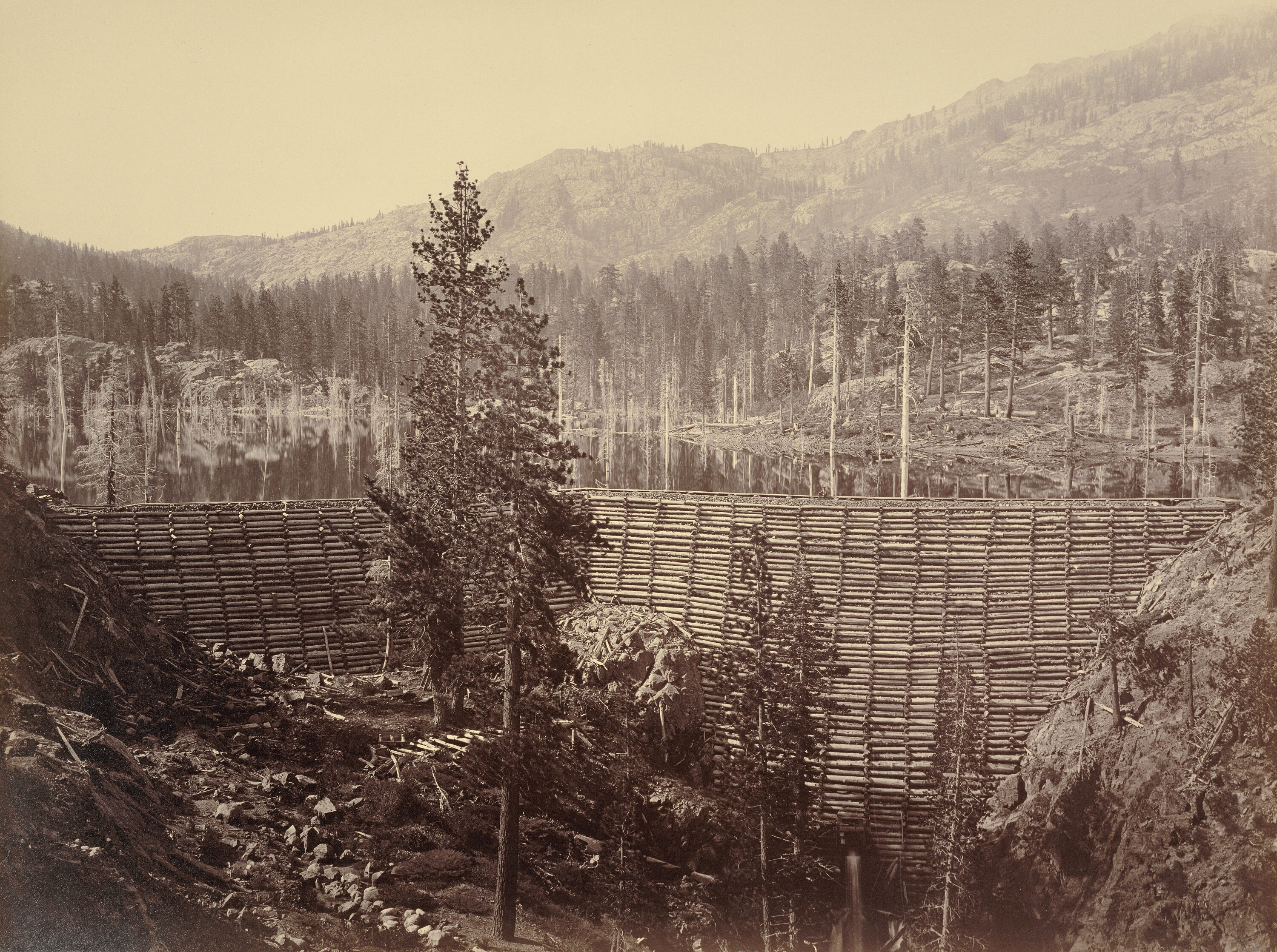 Timber and crib stone dam, circa 1871
