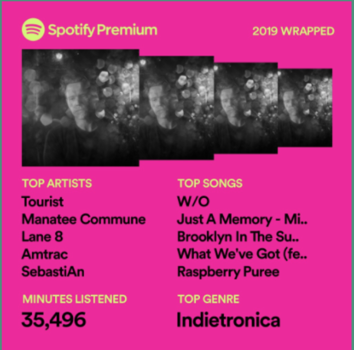 Screenshot of the Spotify Unwrapped results for 2019, showing the top artists, top tracks, minutes listened, and top genre (Indietronica) of the year.
