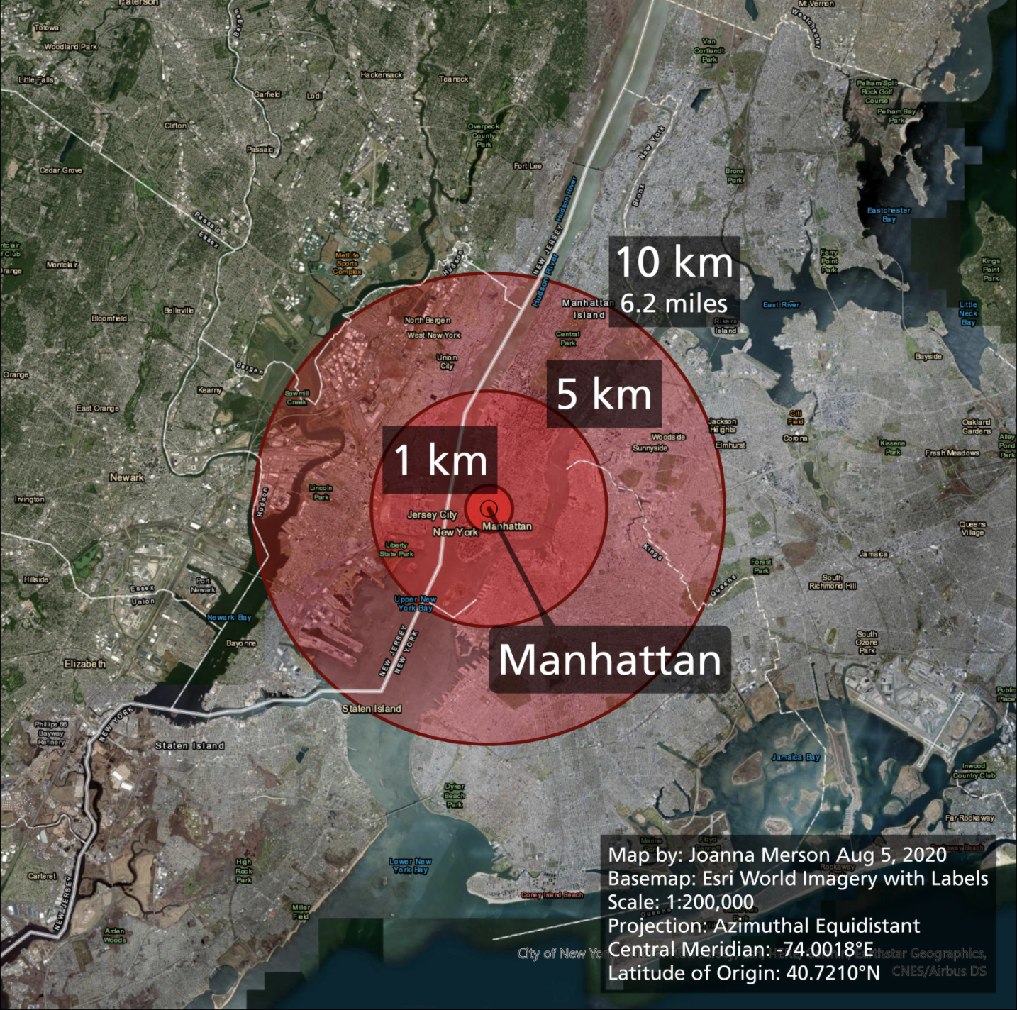 Screenshot of a map visualization by Joanna Merson made on August 5 2020, with a basemap from esri World Imagery using a scale 1:200,000 and the Azimuthal Equidistant projection. Map is centered over New York City with an epicenter of Manhattan labeled and circle radii of 1km, 5km, and 10km clearly labeled.