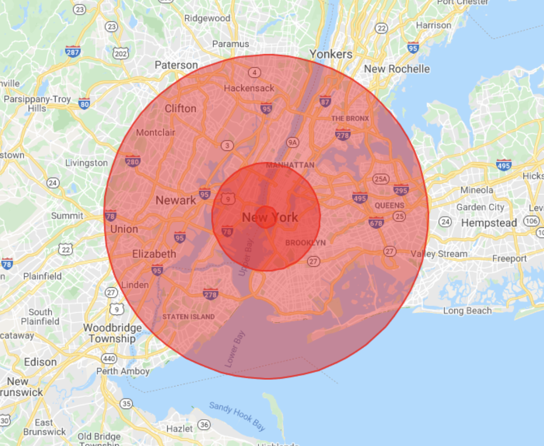 Screenshot of a google maps visualization with 3 overlapping circles centered over New York. No labels.
