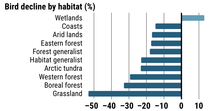 Screenshot of bar chart from Science magazine, showing bird decline by habitat in percentage. Wetlands gained more than 10%, all other populations declined. Grasslands declined more than 50%.