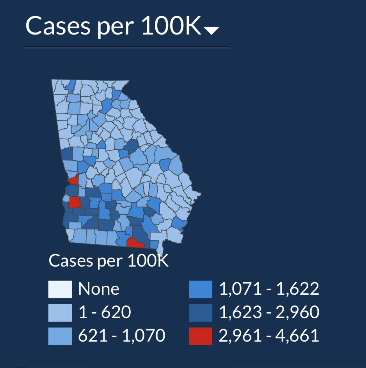 July 2nd heat map visualization of Georgia counties showing cases per 100K residents, with bins covering ranges from 1-620, 621-1070, 1071 - 1622, 1623 - 2960, with the red bins covering a range from 2961 - 4661.