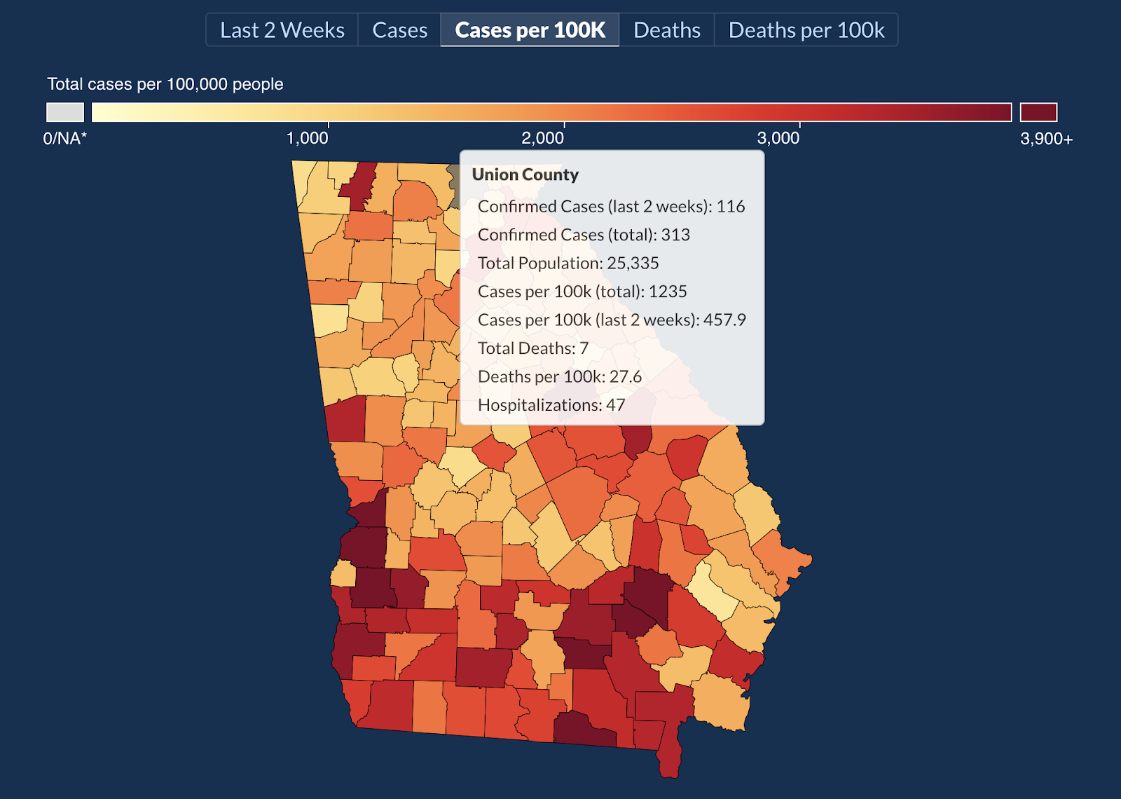 Screenshot of heat map of counties with cases per 100K residents in Georgia with Union County highlighted showing the confirmed cases from the past 2 weeks and total, and other data points that are irrelevant to this post. 