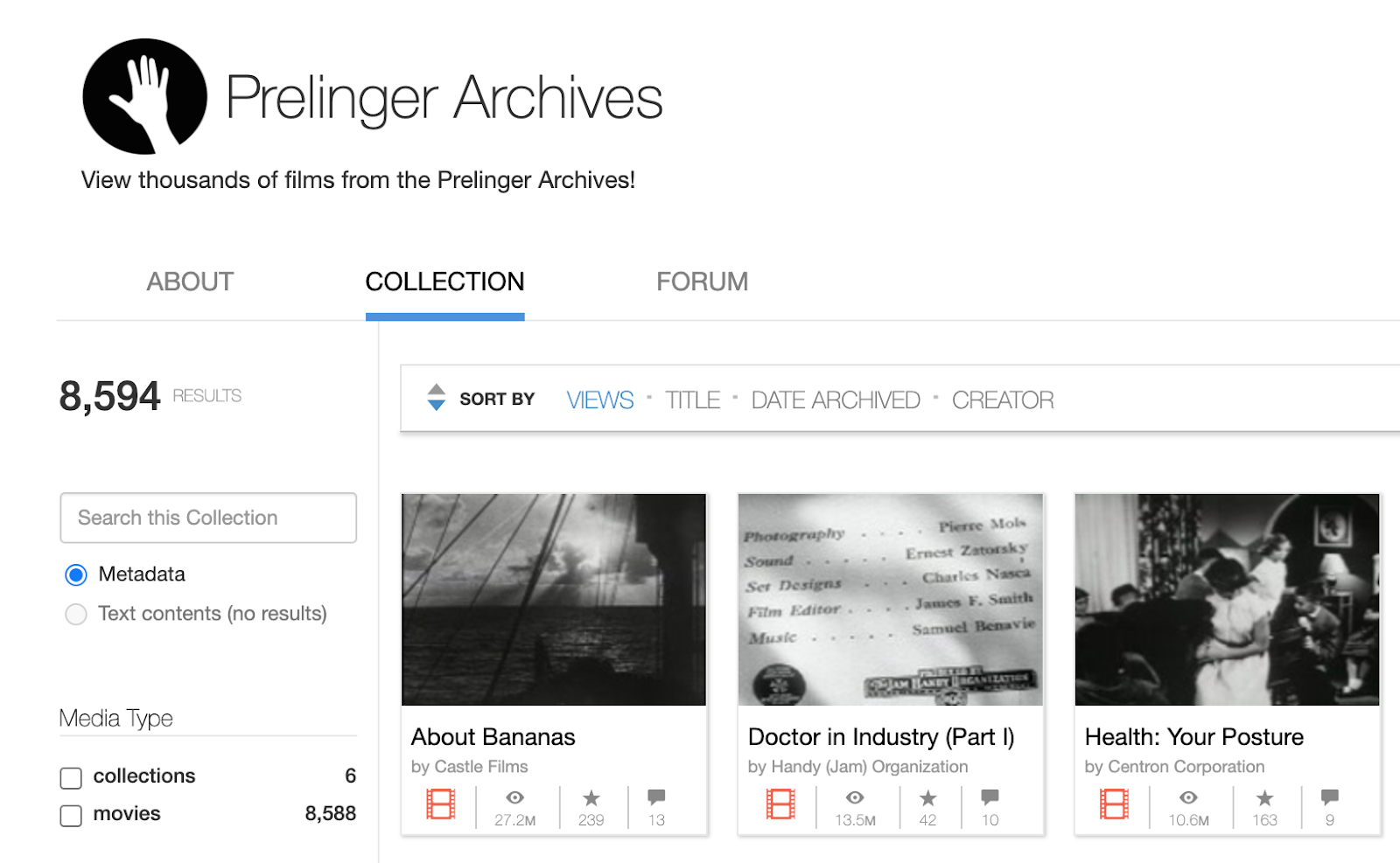 Homepage of the Prelinger Archives, with the Collection tab selected and showing thumbnails of videos titled About Bananas, Doctors in Industry (Part 1), and Health: Your Posture.