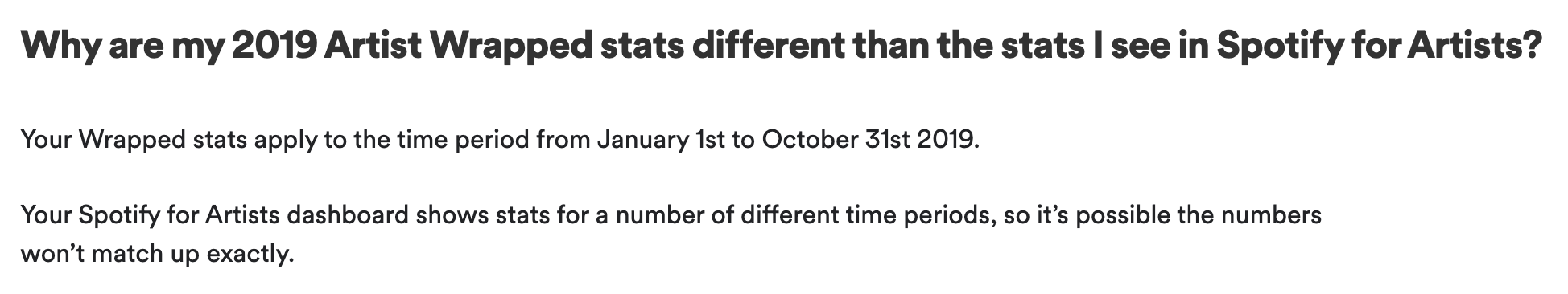 Screenshot of Spotify FAQ question “Why are my 2019 Artist Wrapped stats different from the stats I see in Spotify for Artists?