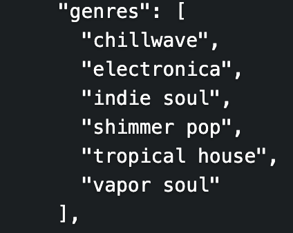 Screenshot of JSON response from Spotify API call, content duplicated in surrounding text. 