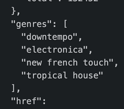 Screenshot of genres returned for Parra for cuva, showing downtempo, electronica, new french touch, and tropical house. 
