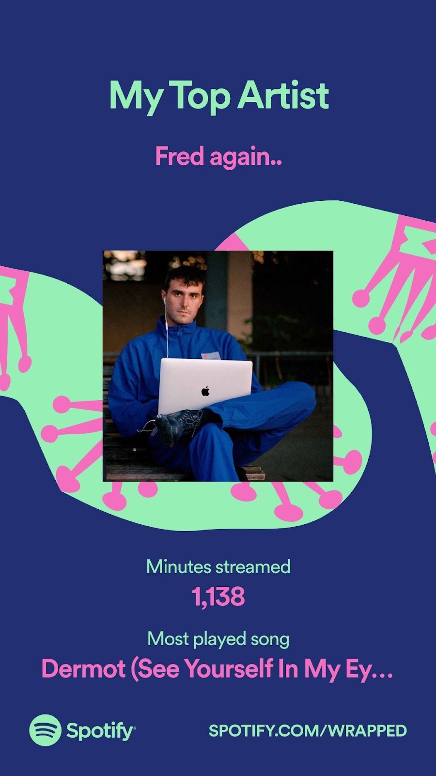 Spotify Screenshot showing my top artist is Fred again.. with 1138 minutes streamed and most played song being Dermot (See Yourself in My Eyes)