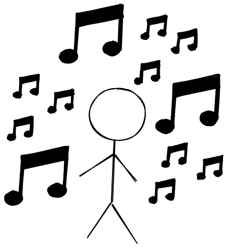 stick figure surrounded by clusters of eighth notes, claustrophobically