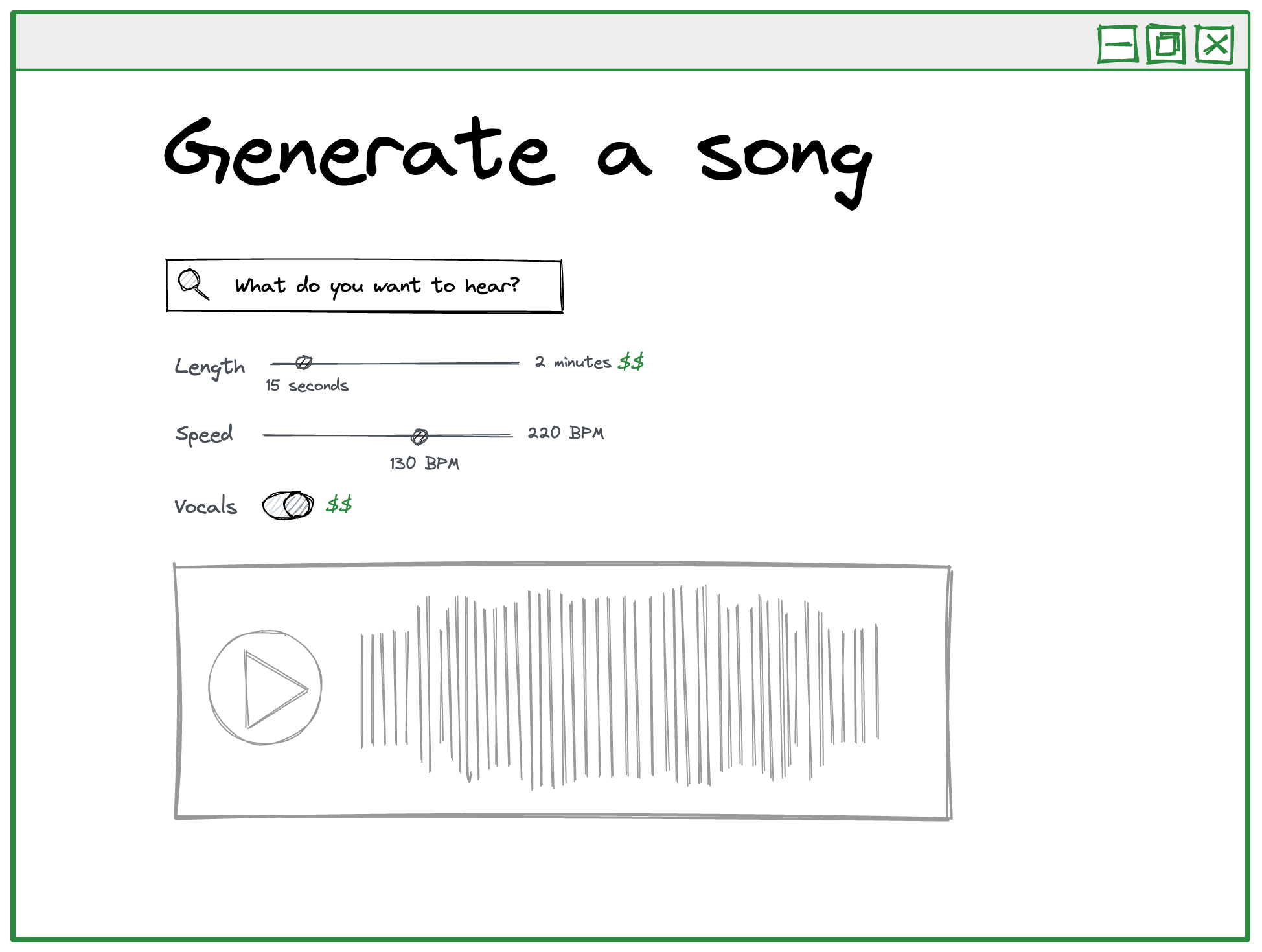 sketch mockup of a user interface titled Generate a song and a text input prompted with “What do you want to hear?” and additional sliders to specify the length, up to 2 minutes and set at 15 seconds, the speed up to 220 bpm and set to 130 bpm, and a toggle for vocals.