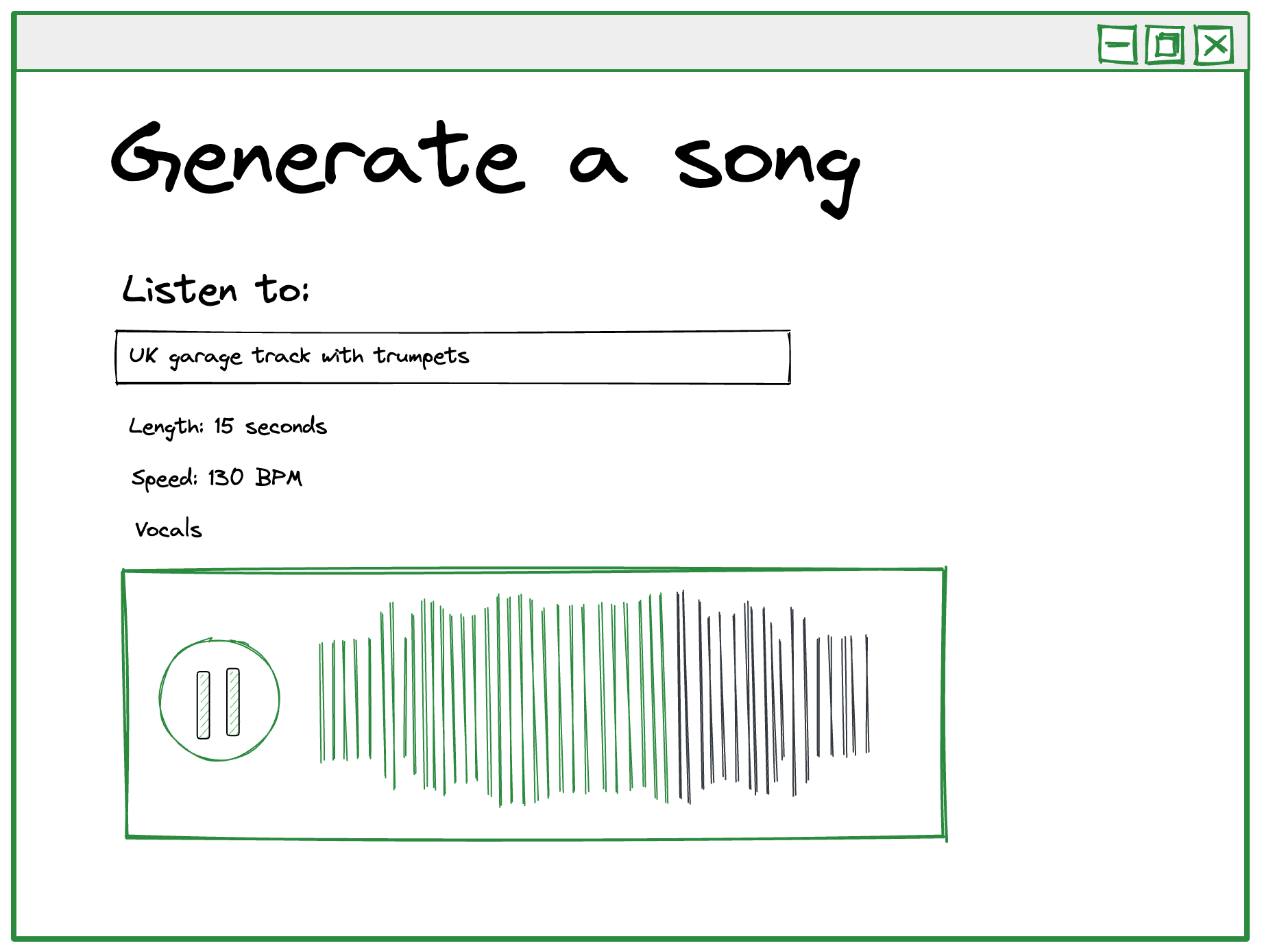 sketch mockup of a user interface titled “Generate a song” with a prompt of “UK garage track with trumpets” specified in a text box after “Listen to:” with a length of 15 seconds, a speed of 130 BPM, and Vocals. The Play button is now a green Pause button and the audio waveform is highlighted in green to indicate that it is playing.