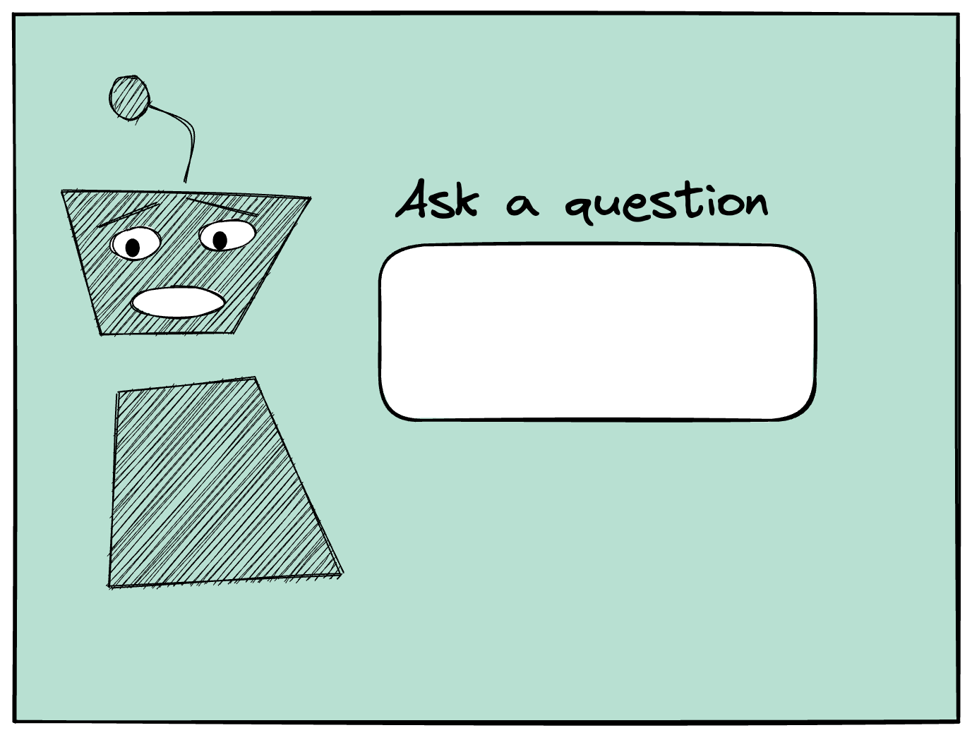 Illustration of an anxious looking angular robot next to an empty input box titled “Ask a question”.