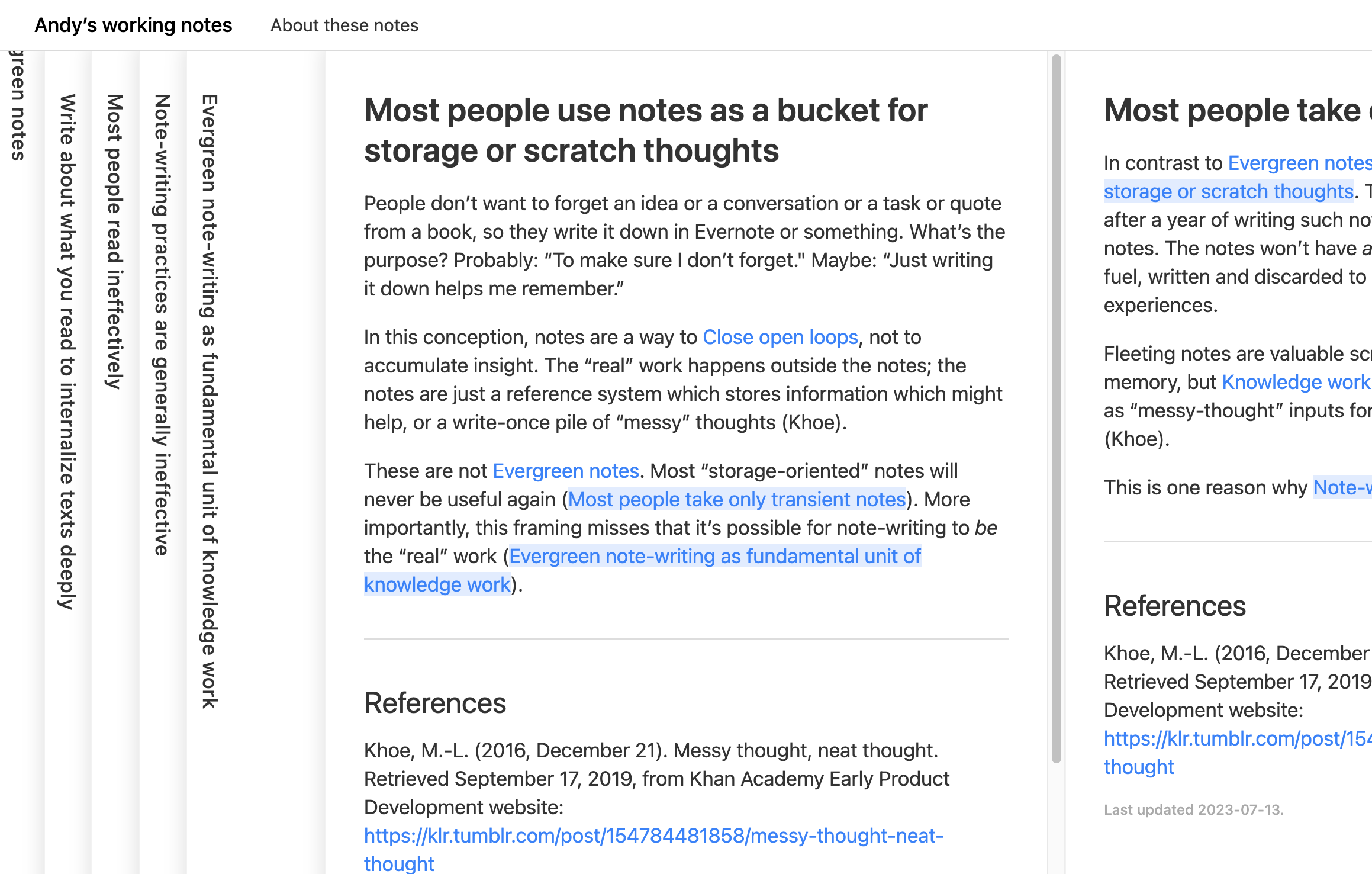 Screenshot of Andy’s Evergreen Notes, showing four collapsed tabs as sidebars on the left side of the page, with two pages open side-by-side as a split screen for the rest of the page. The main page in focus is titled “Most people use notes as a bucket for storage or scratch thoughts”.
