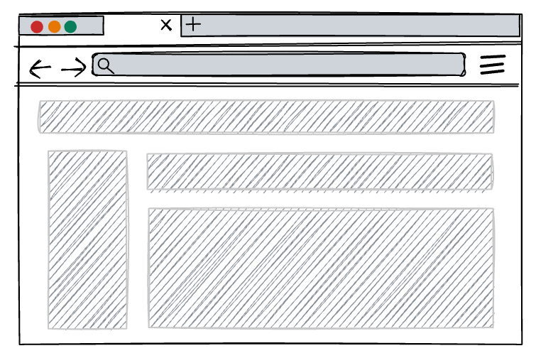 Illustrated mockup of a webpage with gray boxes where there might be content along a title area, left nav area, subtitle area, and body text area.