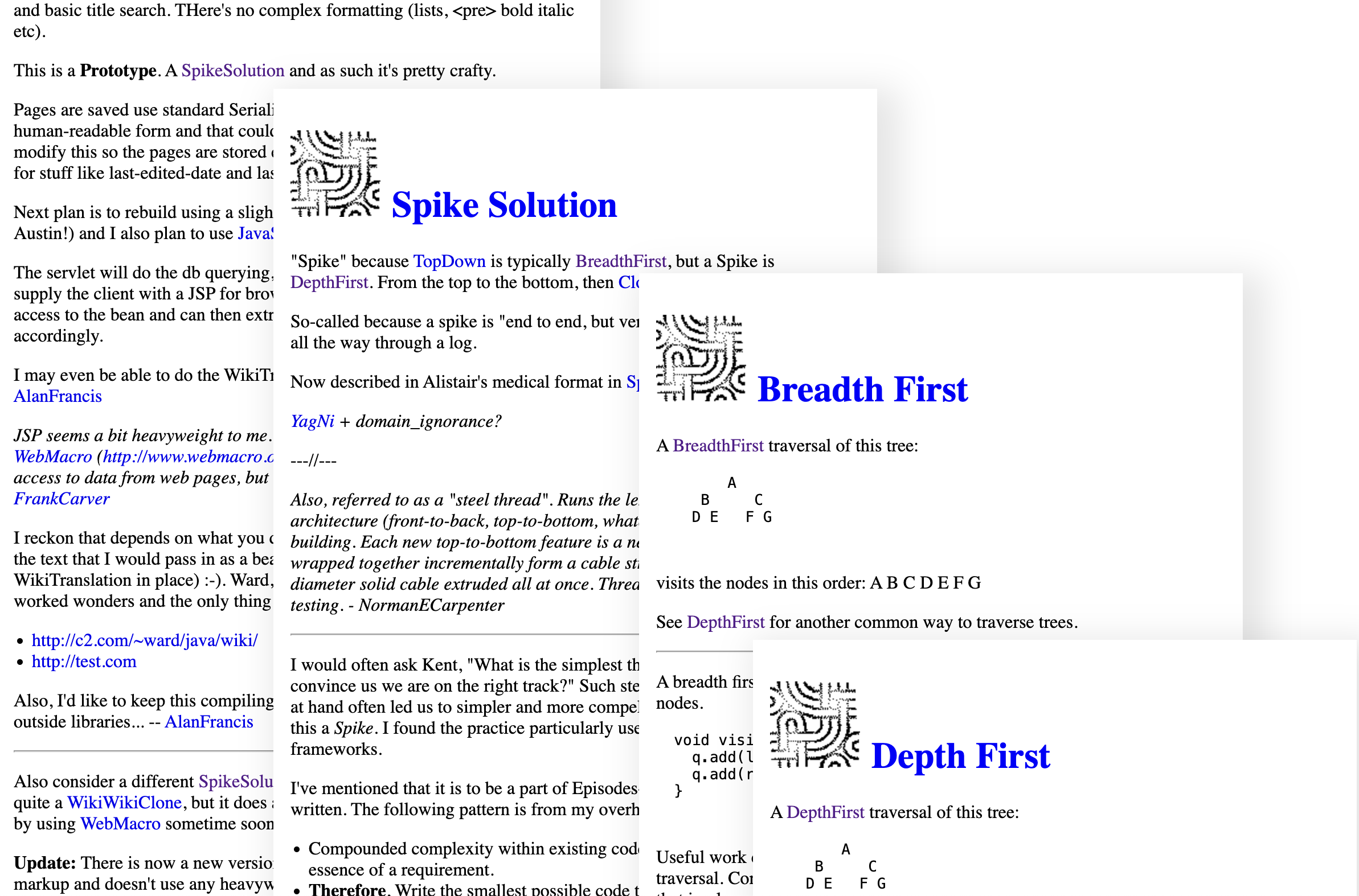 Screenshot of the C2 wiki, which has a main page about a prototype taking up the left column of the page, with a small page snippet titled Spike Solution overlays the Prototype page. Another page snippet titled Breadth First overlays Spike Solution, and a final page snippet titled Depth First overlays the Breadth First snippet.