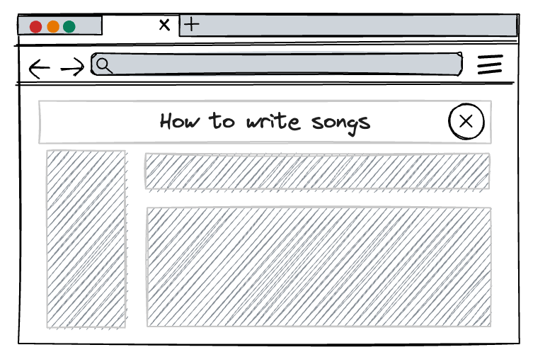 Illustrated mockup of a webpage titled “How to write songs” with a large X button next to the title. The rest of the webpage content is gray boxes, as though there could be text there.