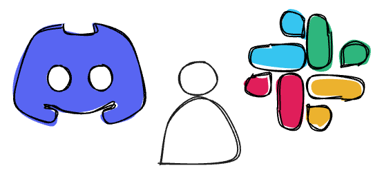 Blob-like icon representation of a user next to a Discord logo and a Slack logo.