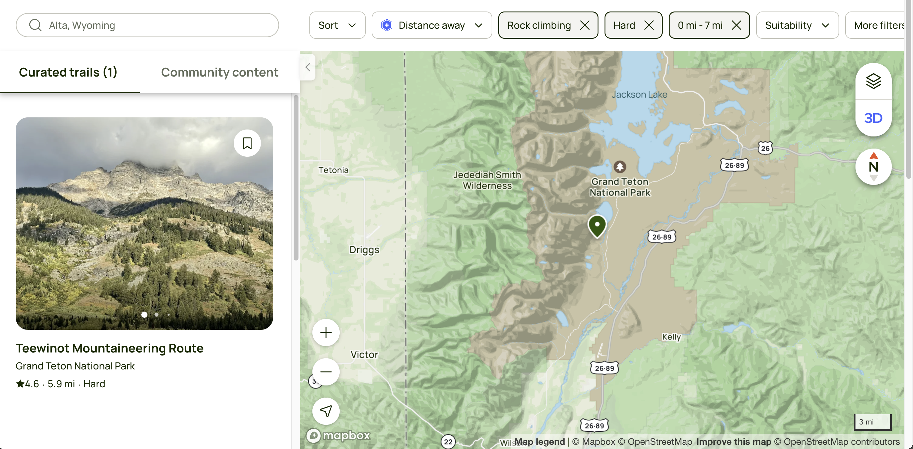 Explore view of AllTrails filtered to Rock Climbing, Hard routes, less than 7 miles long in Grand Teton National Park, with only the Teewinot route in the results.