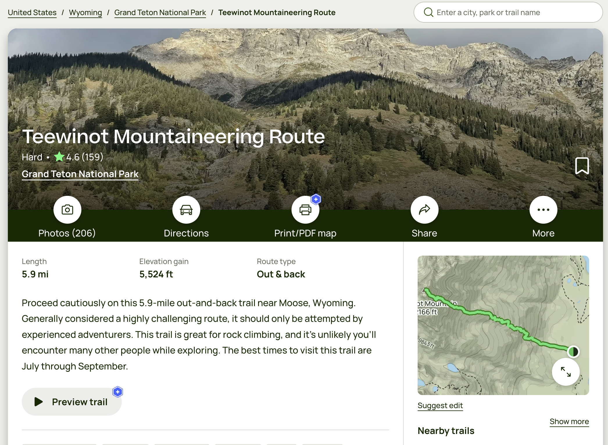 Teewinot Mountaineering Route page on AllTrails with no UI indicators about the trail summary being AI generated.