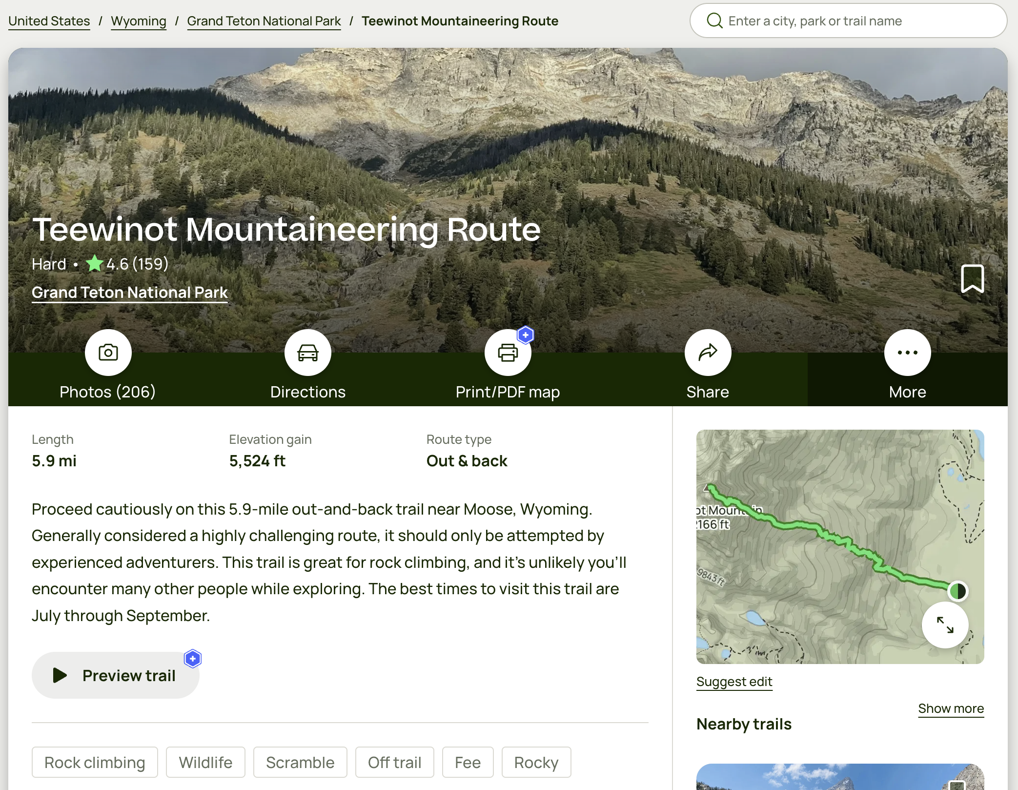 AllTrails webpage for the Teewinot Mountaineering Route, featuring tags after the summary in light gray boxes with transparent backgrounds. Tags are Rock Climbing, Wildlife, Scramble, Off Trail, Fee, Rocky.