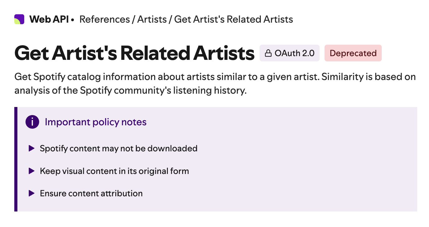 Spotify Web API documentation page for the Get Artist’s Related Artists API endpoint, with a deprecated badge. A callout lists important policy notes, that Spotify content may not be downloaded, to keep visual content in its original form, and to ensure content attribution.