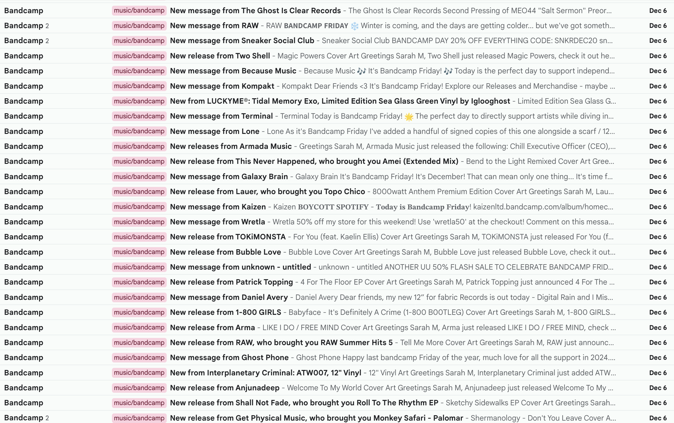 Email inbox with over 30 messages all sent from Bandcamp on December 6, featuring new releases or messages from various artists and record labels that I follow on Bandcamp.