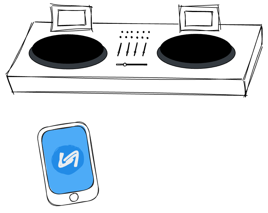 Sketch of DJ decks accompanied by a mobile phone with the blue Shazam logo screen.