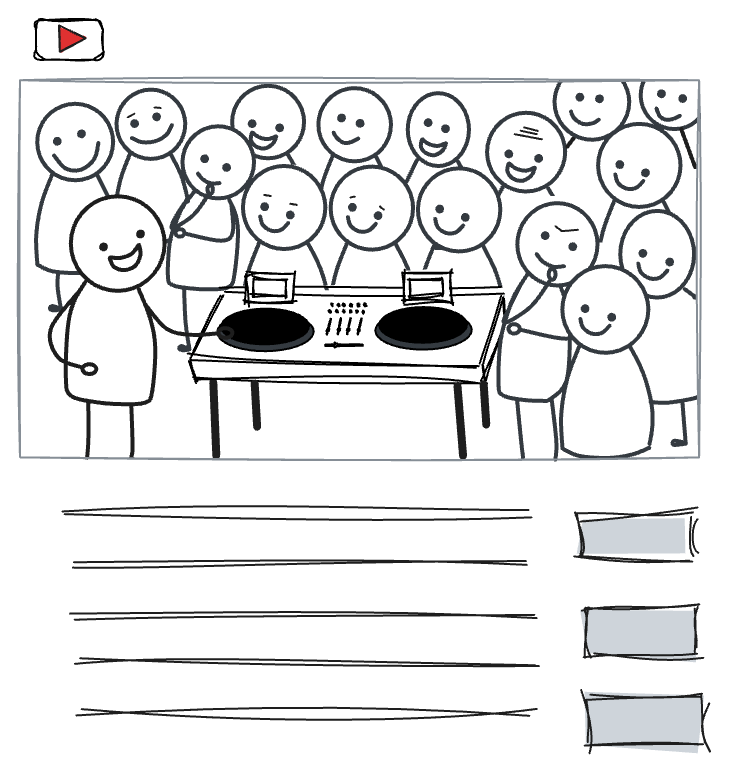 Sketch of a boiler room set on YouTube, with a crowd of people, some with creepy eyebrows and most with the same smiles, on YouTube, with placeholders for the comments and recommended videos.