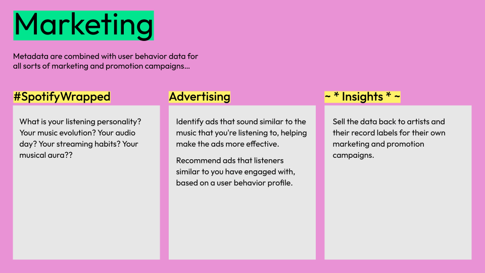 Metadata are combined with user behavior data for all sorts of marketing and promotion campaigns like spotify wrapped, advertising, and deriving insights.