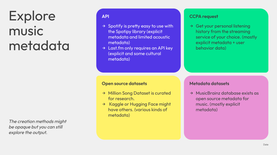 Explore music metadata via API, CCPA request, Open source datasets, or other metadata datasets