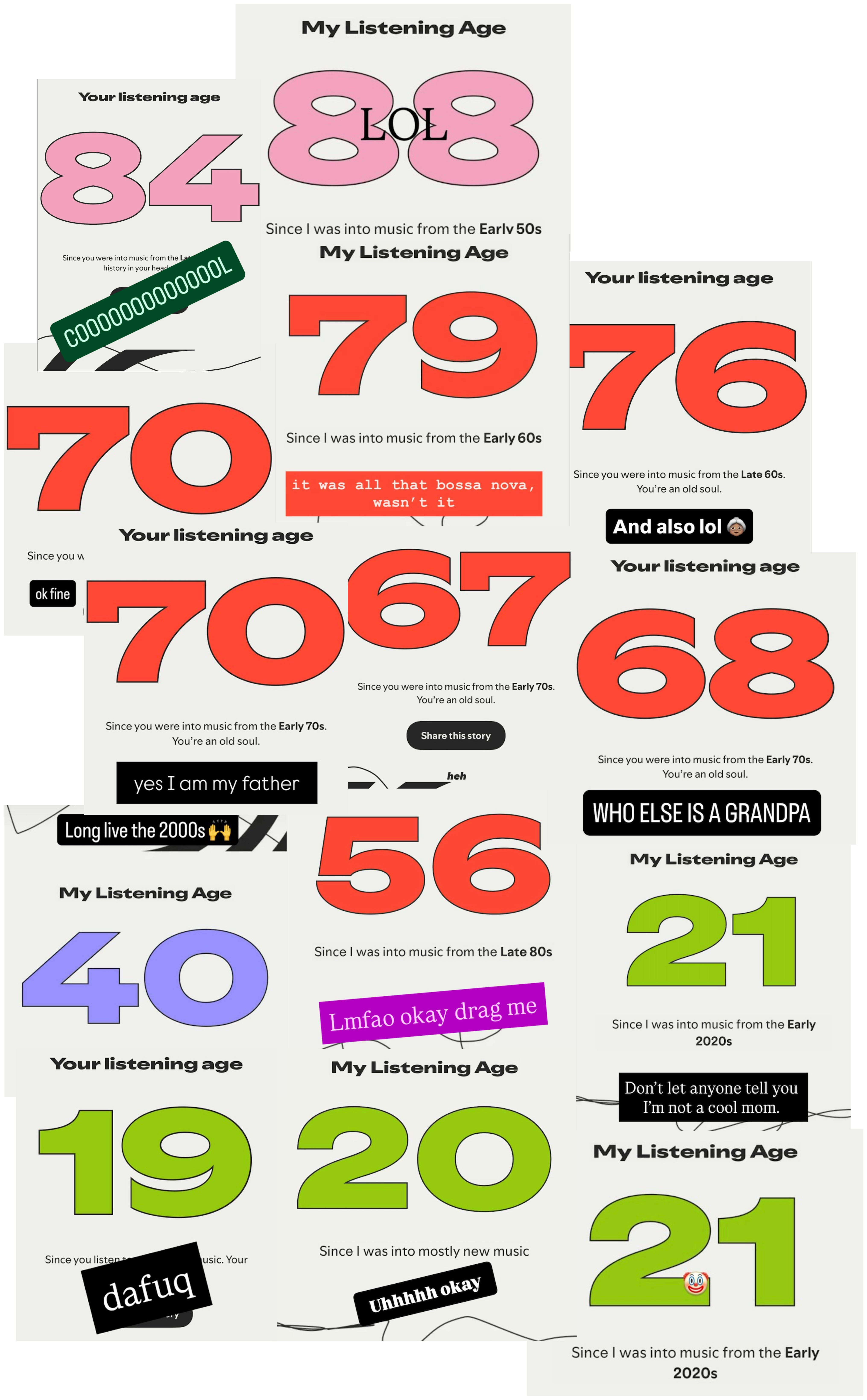 Compilation of various listening ages and reactions, such as a listening age of 88 with LOL overlayed, or one of 70 with a caption of &ldquo;ok fine&rdquo;, or one of 68 with WHO ELSE IS A GRANDPA, or 19 with dafuq, or 56 with Lmfao okay drag me