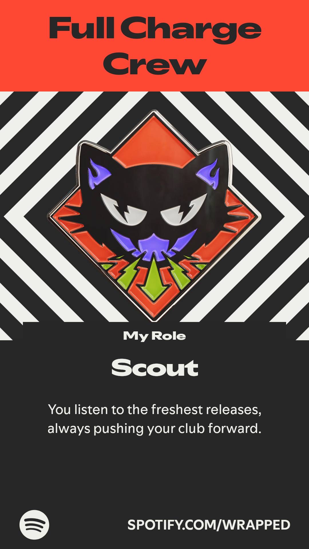 Spotify Wrapped Full Charge Crew club with red and black stripes and an aggressive looking black cat head with purple accents, listing My Role as Scout, always listening to the freshest releases and pushing my club forward.