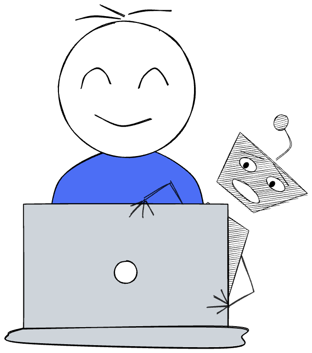 Illustration of a person looking delighted in front of an open laptop, with a robot crawling over the corner of the laptop screen with a scared expression