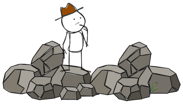 Illustration of a stick figure wearing a cowboy hat. Their hand points to their chin and they are standing in front of a pile of gray rocks.