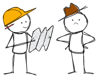 Illustration of two stick figures, one with a construction hat and one with a cowboy hat. The construction hat figure has a pencil and is studying a folded paper. The cowboy is frowning with their hands on their hips.