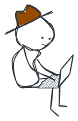 Illustration of a stick figure in a cowboy hat working at an open laptop.