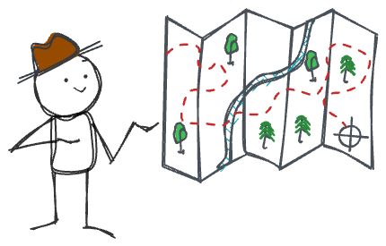 Illustration of a stick figure in a cowboy hat gesturing toward an unfolded map. The map shows a path to a target, around a landscape dotted with trees and a river.